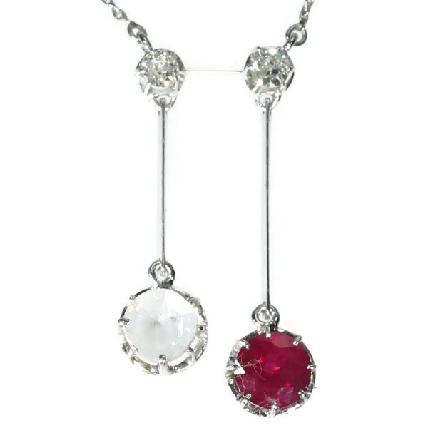 Art Deco ruby diamond dangle pendant necklace